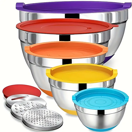 Mixing Bowls with Airtight Lids, AOKIWO 8 PCS Stainless Steel Bowls Set with 3 Grater Attachments, Metal Nesting Bowls with Non-Slip Bottoms, Size 5, 4, 3.5, 2, 1.5 QT for Cooking, Baking, Colorful