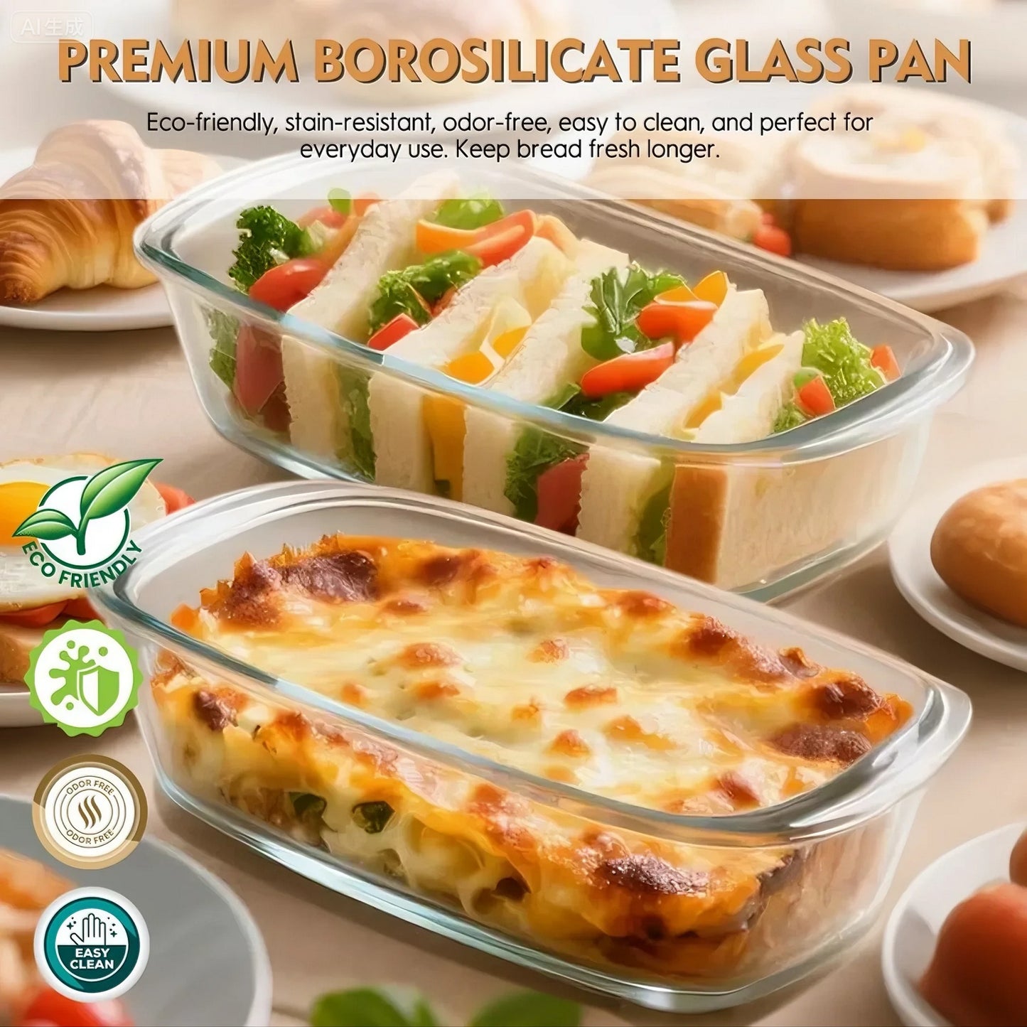 3 Pack Glass Loaf Pan Set with Lids - 1.9 Qt/1800 ML Stackable Glass Bread Baking Dishes, Airtight Meal Prep Food Storage Containers, Oven & Microwave Safe, Dishwasher Safe, Grey
