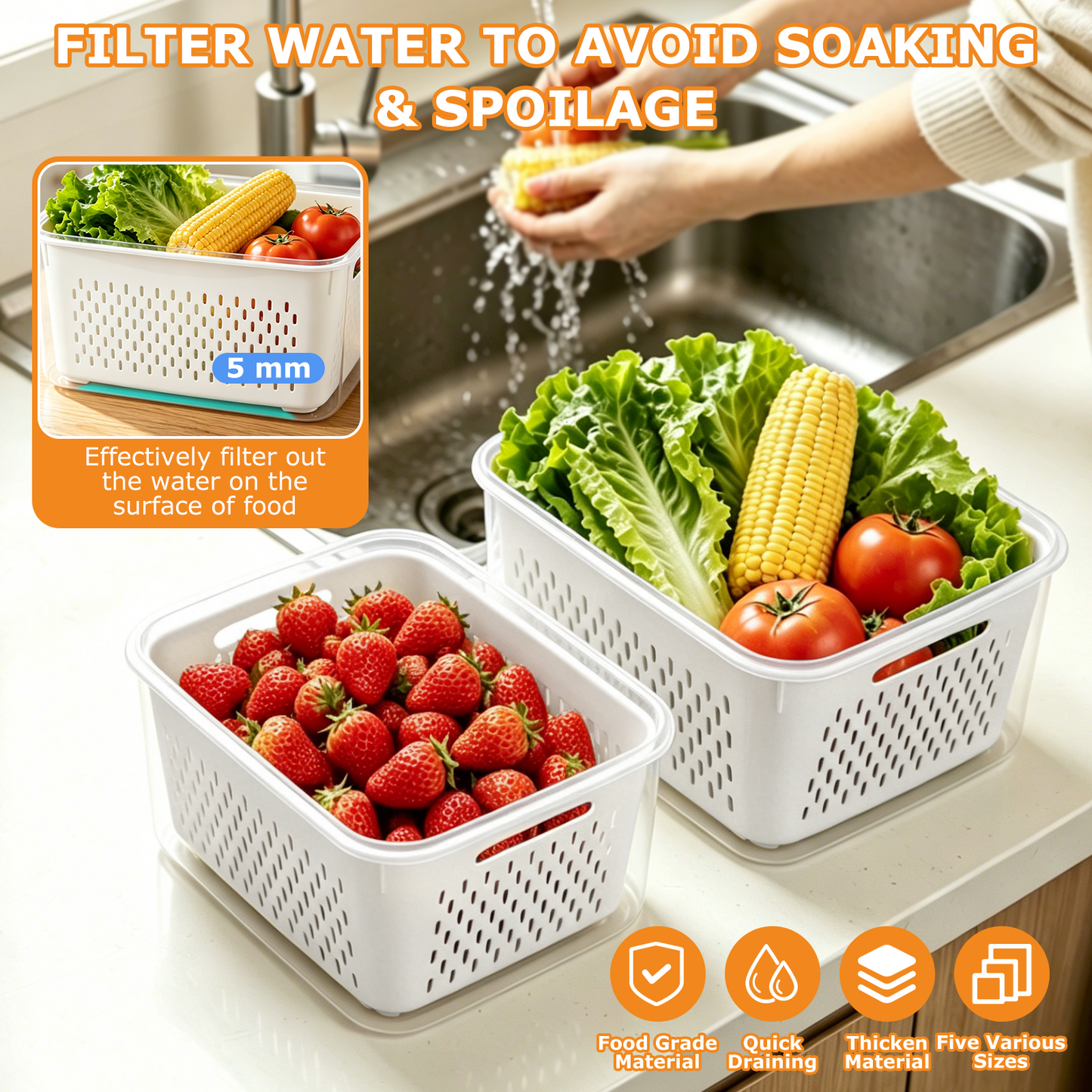 4 Pack Fruit Storage Containers for Fridge with Removable Colanders and Lids, 4 in 1 Leakproof Fridge Organizer Bins for Salad Berry Lettuce Vegetables Meat Keeper Fresh
