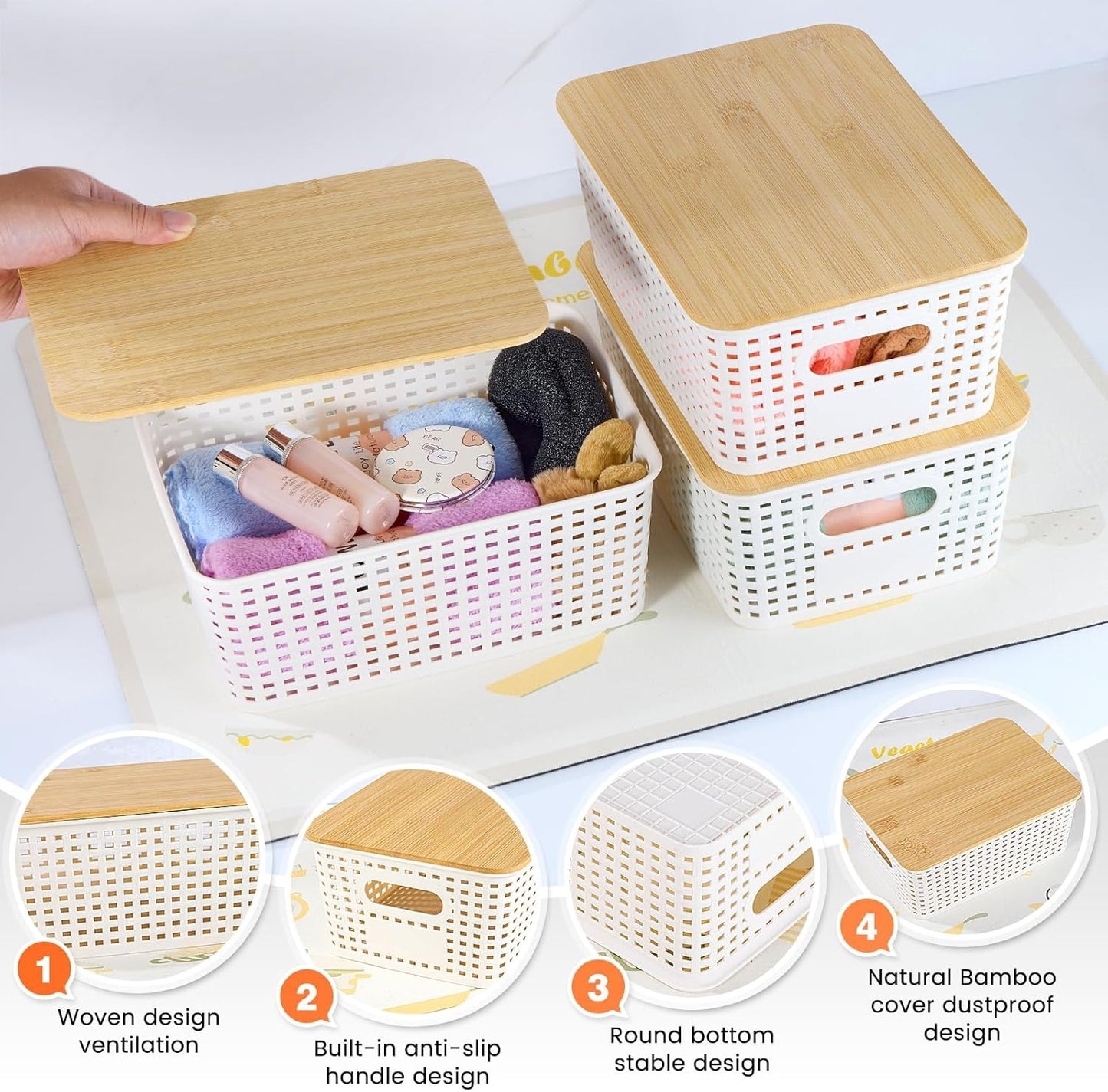 6 Pack Stackable Plastic Storage Baskets with Bamboo Lids, Storage Containers for Organizing Shelves, Drawers, Desktop, Closet, Office & Classroom, Includes Labels & Pen