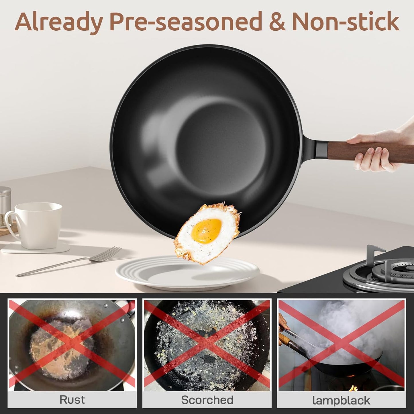 13-Inch Nonstick Wok, Carbon Steel Wok Pan with Glass Lid & and Silicone Spatula, Flat Bottom Woks & Stir-Fry Pans No Chemical Coated Wok