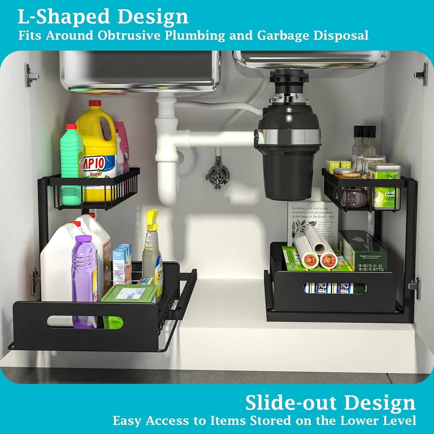 Under Sink Organizer and Storage, 1 Pack Pull Out Cabinet Organizer Slide Out Sink Shelf Cabinet Storage Shelves, Under Sink Storage for Kitchen Bathroom Cabinet