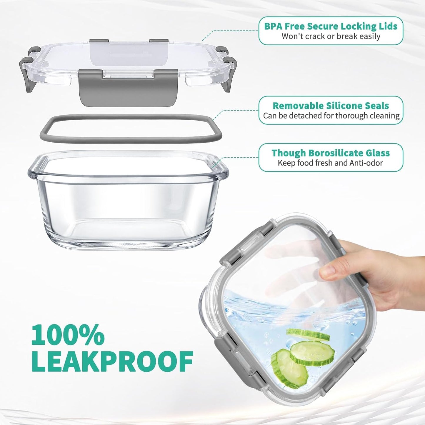 34pcs Glass Food Storage Containers with Lids Set, Airtight Meal Prep Containers (17 Containers & 17 Lids), Gray