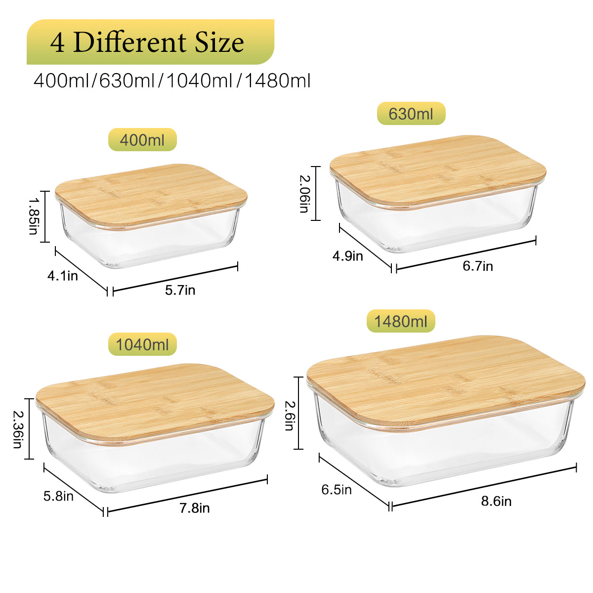 8 Pcs Glass Food Storage Containers with Bamboo Lids, Meal Prep Glass Containers Bento Lunch Box, Safe for Microwave, Oven, Freezer and Dishwasher, BPA Free