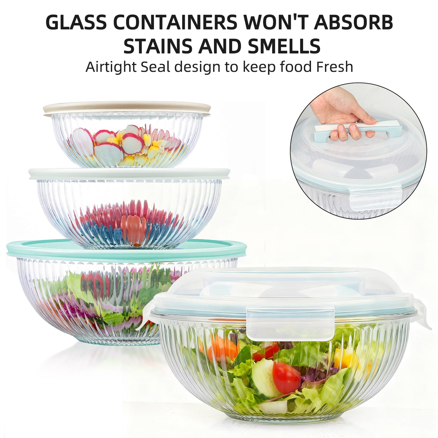 Glass Mixing Bowls Set, AOKIWO 9 Pack 4 Size Glass Food Mixing Bowls with BPA-Free Lids & Baking Tools, Nesting Storage Bowls for Kitchen, Great for Prep, Baking, Serving