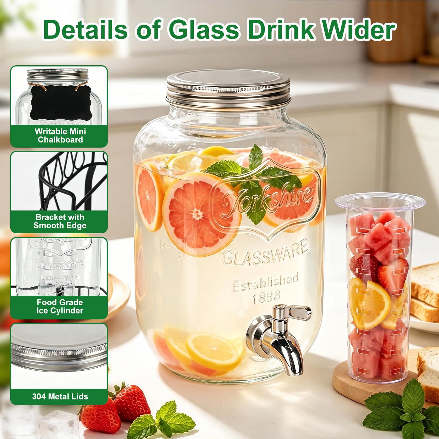 1 Gallon Glass Drink Dispensers for Parties, TAIMASI Beverage Dispenser with Stand & Ice Cylinder, Leakproof Lemonade Drink Dispenser for Sun Tea, Homemade Juice