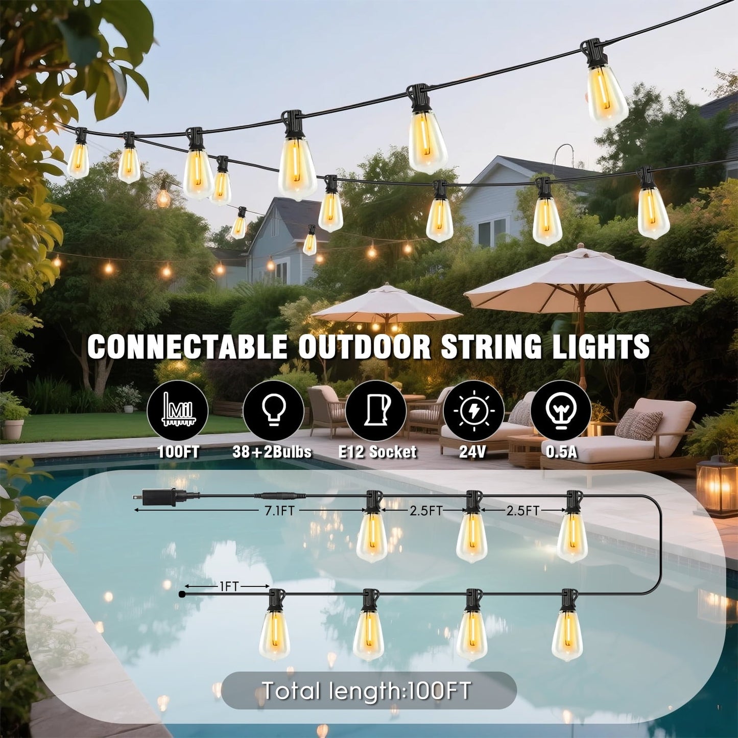38 Bulbs LED Outdoor String Lights 100FT, Patio Lights With Shatterproof ST38 Bulbs (2 Spare),With Remote Control + Adapter
