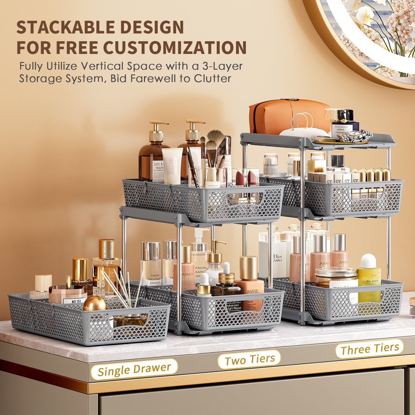 TAIMASI Pull-Out 3 Tier Bathroom Organizers and Storage, Under Sink Organizer, Kitchen Cabinet Organizer Gray, 3 (Count)