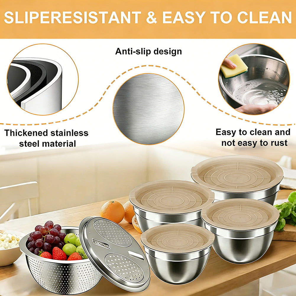 Mixing Bowls with Airtight Lids Set, 30 PCS Stainless Steel Mixing Bowls Set with Colander & Grater, Kitchen Serving Gadgets and Accesseries, Size 4.5, 3, 2.5, 2,1.5,1, 0.75 QT, Khaki