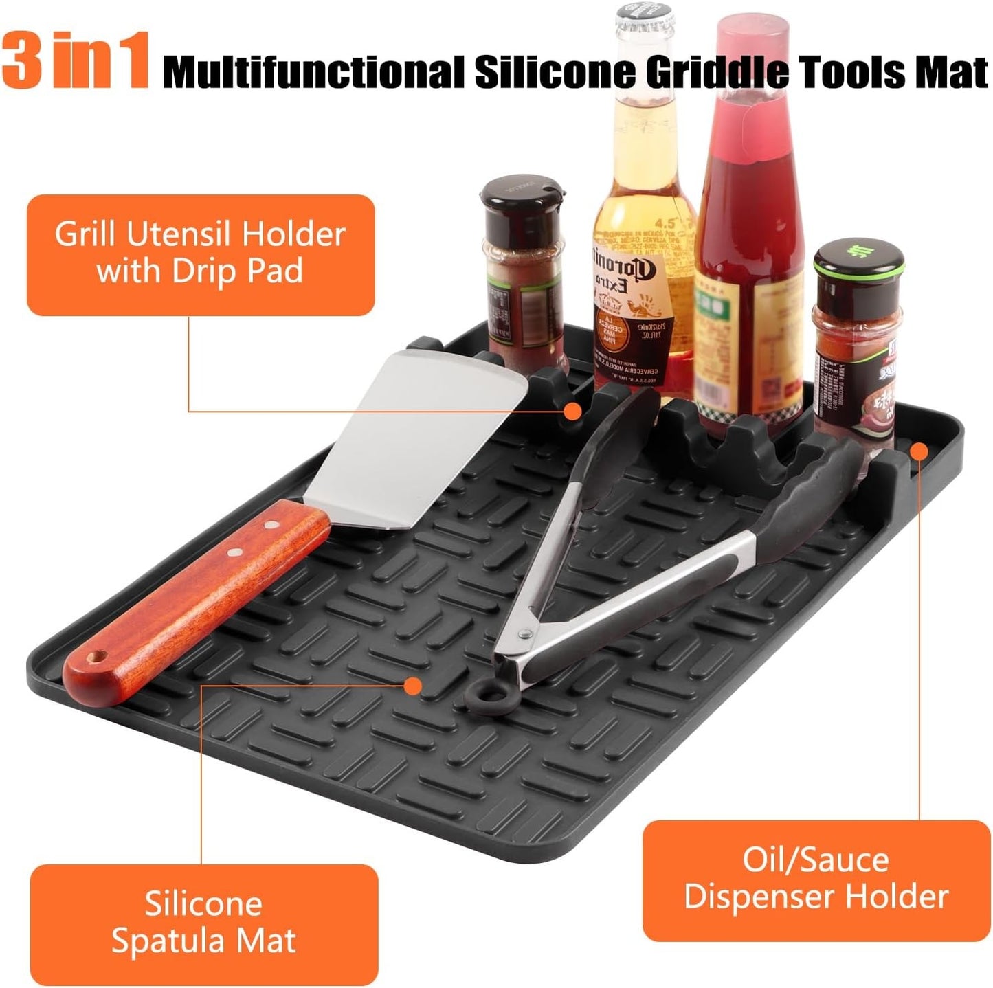 Mibote Silicone Grill Mat Compatible with Blackstone, Silicone Griddle Tools Spatula Mat with Drip Pad, (Black)