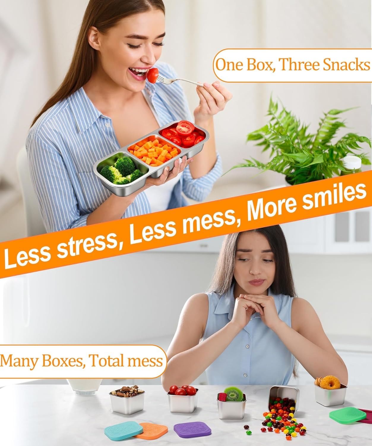 3 Pack Stainless Steel Snack Containers, 3 Compartment Metal Bento Lunch Box with 10 Mini Fruit Forks, Leak-Proof Stackable Meal Prep Containers for Kids & Adults