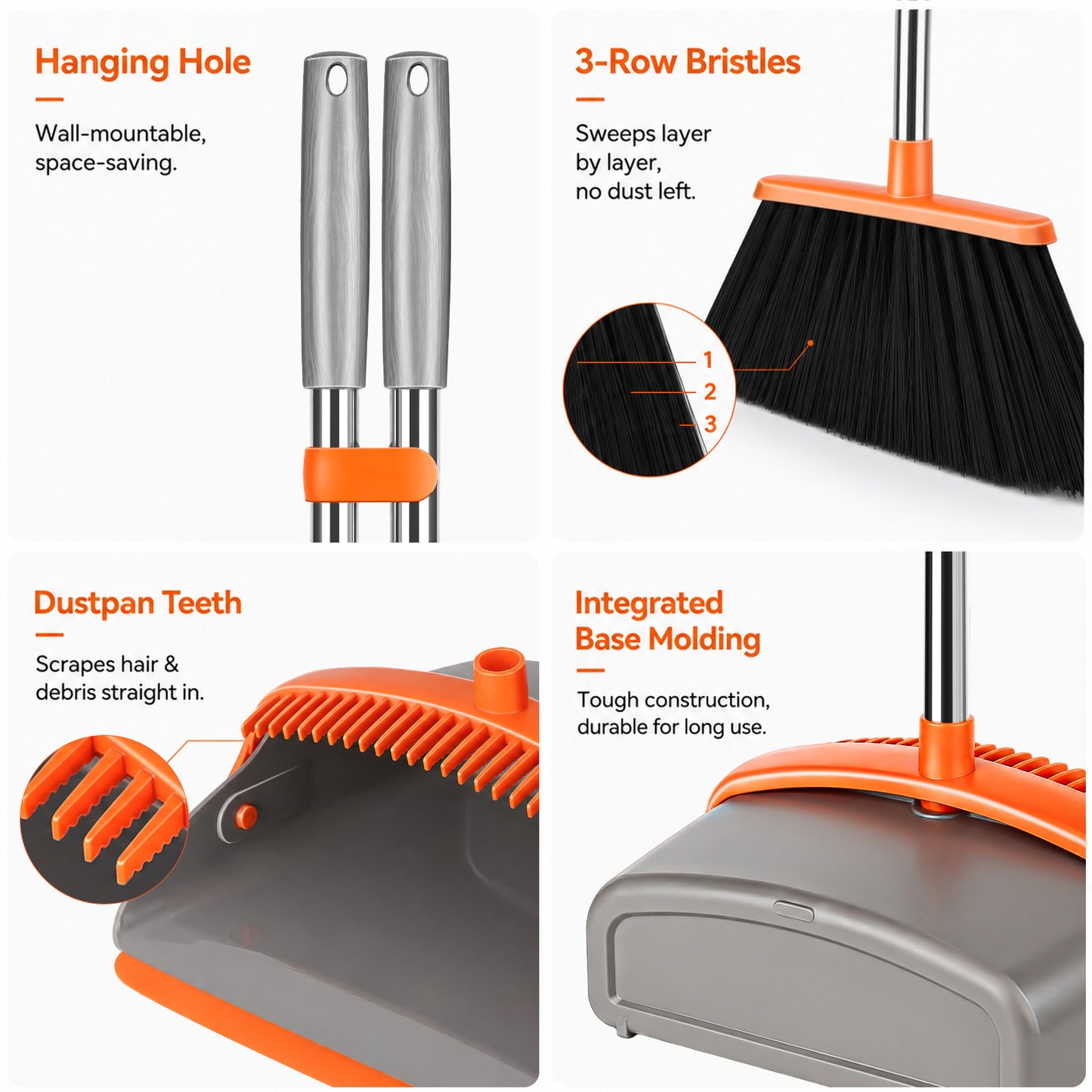 Upgrade Broom and Dustpan Set, TAIMASI Broom with Dustpan Combo with 52" Long Adjustable Handle, Ideal for Indoor Outdoor Garage Kitchen Room Office Lobby (Gray&Orange)