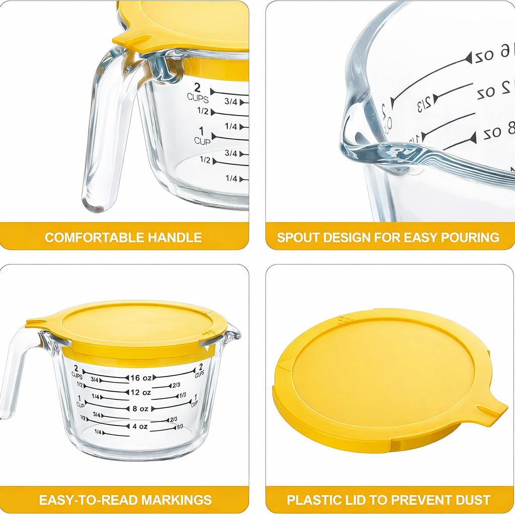 TAIMASI 9 Pcs Glass Measuring Cups Set with Lids, 4-Cup, 2-Cup, 1-Cup, 5 oz Liquid Measuring Cups & 5 Measuring Spoons | Microwave, Freezer & Dishwasher Safe，Yellow