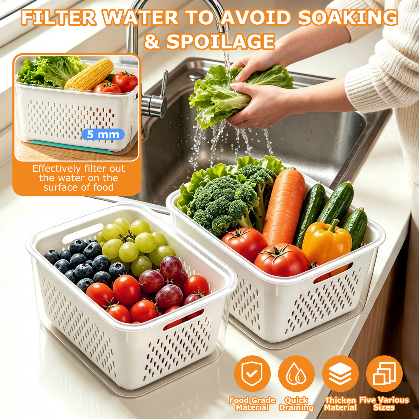 6 Pack Fruit Storage Containers for Fridge with Removable Colanders and Lids, 6 in 1 Leakproof Fridge Organizer Bins for Salad Berry Lettuce Vegetables Meat Keeper Fresh
