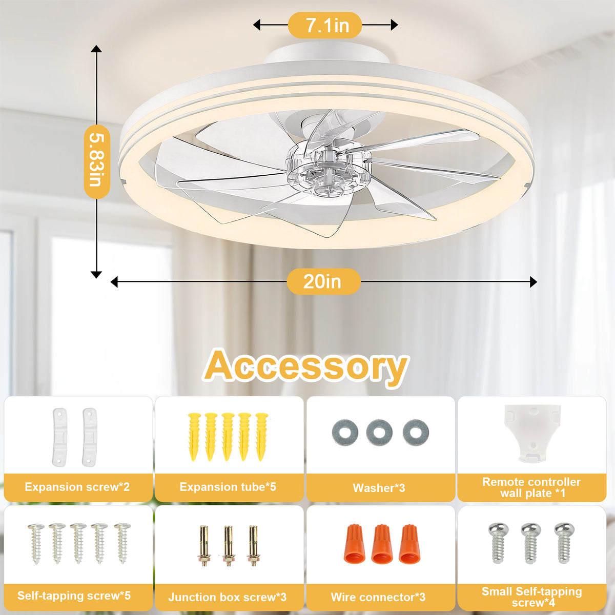 Foldable Ceiling Fans with Lights and Remote, 20'' Low Profile Ceiling Fans, 3000-6000K Dimmable Modern Flush Mount LED Fan Light, Fandelier Ceiling Fan for Bedroom, Kitchen, Living Room
