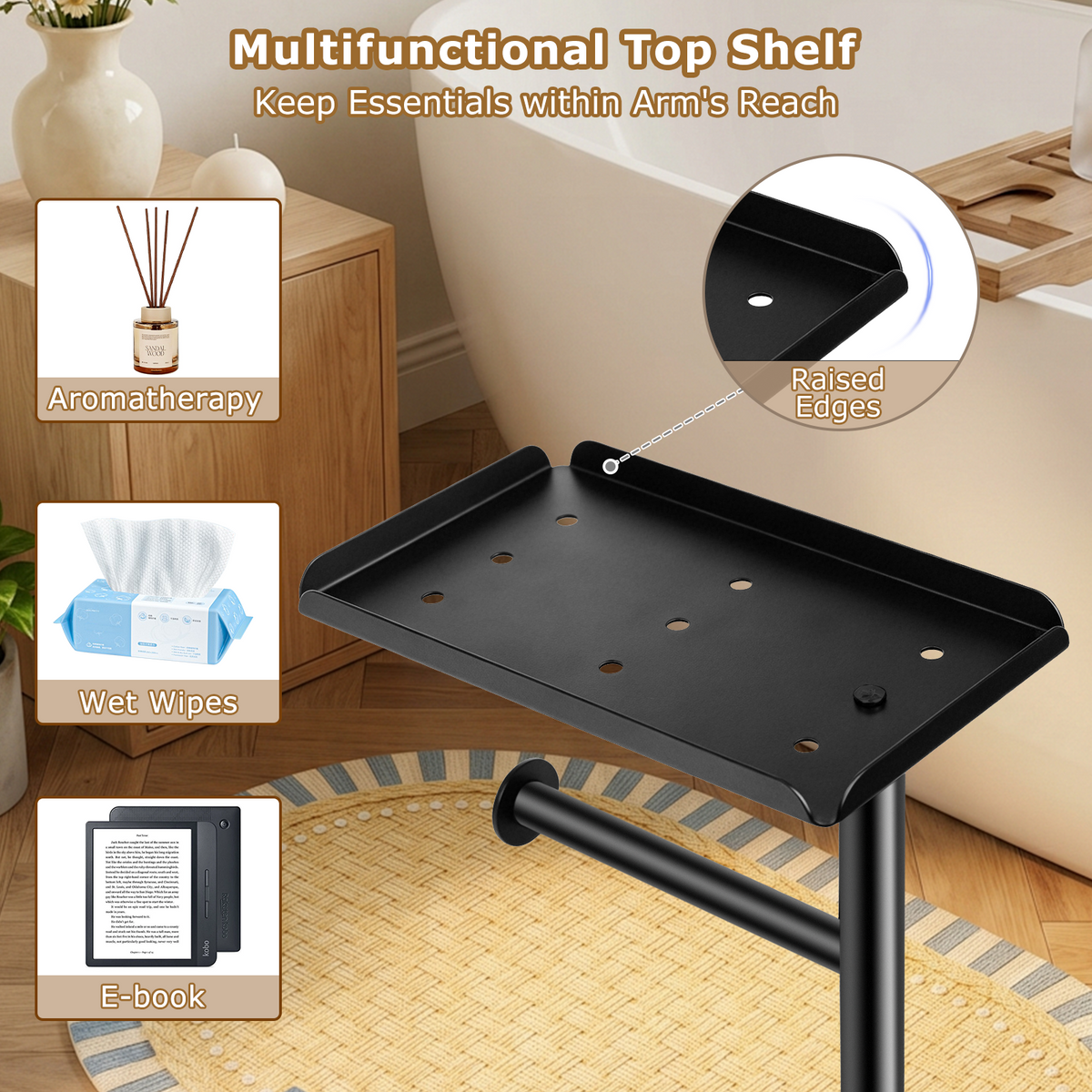 Mibote Toilet Paper Holder Free Standing with Storage Shelf, Metal Bathroom Tissue Holder for 4 Rolls, Matte Black