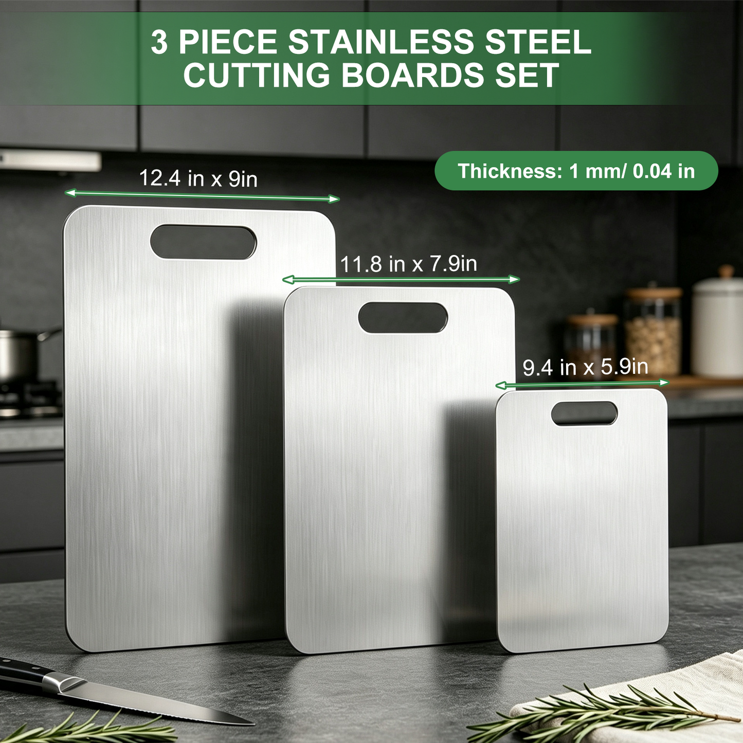 Wynra 3 Piece Stainless Steel Cutting Board Set, Non-Toxic Double-Sided Cutting Board for Kitchen, Durable Metal Cutting Board for Meat, Vegetables, Fruits & Bread, Dishwasher Safe