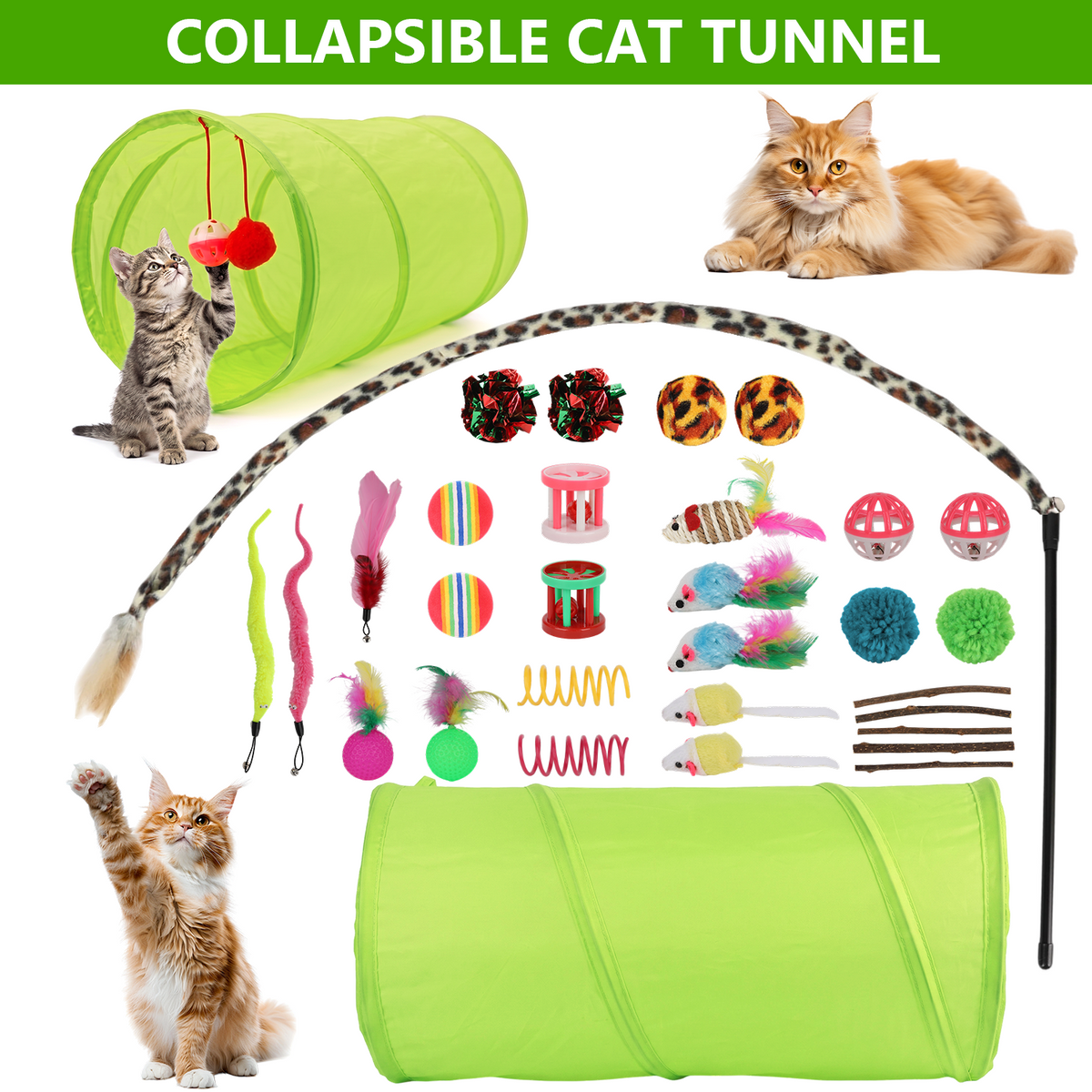 TAIMASI 31 Pcs Cat Toys Kitten Toys, Assorted Interactive Cat Toys Set with Collapsible Cat Tunnel, Teaser Wand, Fluffy Mouse Toy, Crinkle Balls