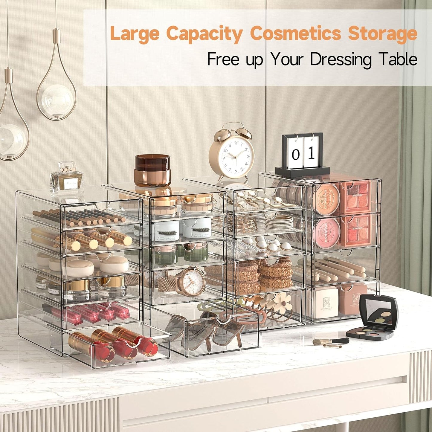 Makeup Drawer Storage Organizer with 16 Drawers, 4 Set Acrylic Office Desk Organization and Storage, Dustproof Drawer Organizer for Office, Countertop, Bathroom, Bedroom