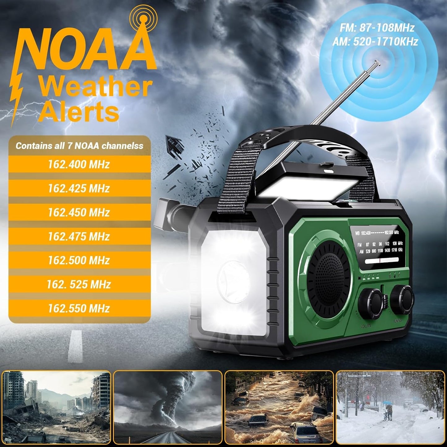 16000mAh Emergency Weather Radio, DOMNIU AM/FM/NOAA Weather Alert Radio, Hand Crank/Solar/Type-C Rechargeable Outdoor Solar Radio with Reading Lamp SOS Alarm 3 Mode Flashlight Power Bank(Army Green)