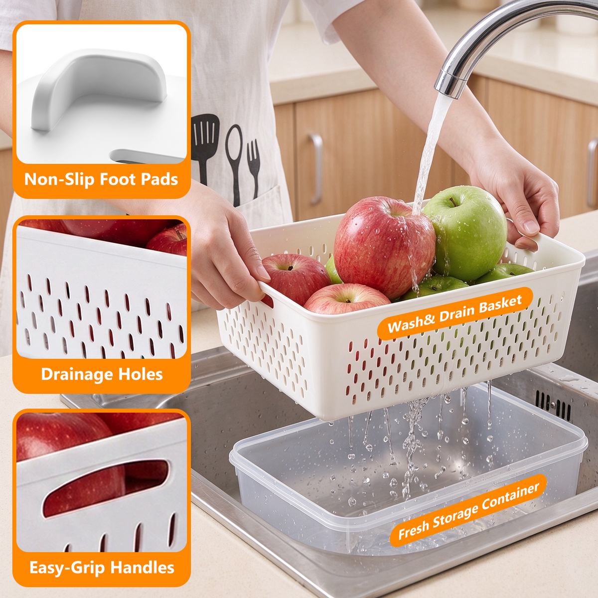 Wynra 4 Pack Fruit Storage Container for Fridge with Airtight Lids & Removable Colander, BPA-Free Plastic Fridge Organizer Bins Produce Saver for Salad Berry Vegetables Meat Keeper Fresh