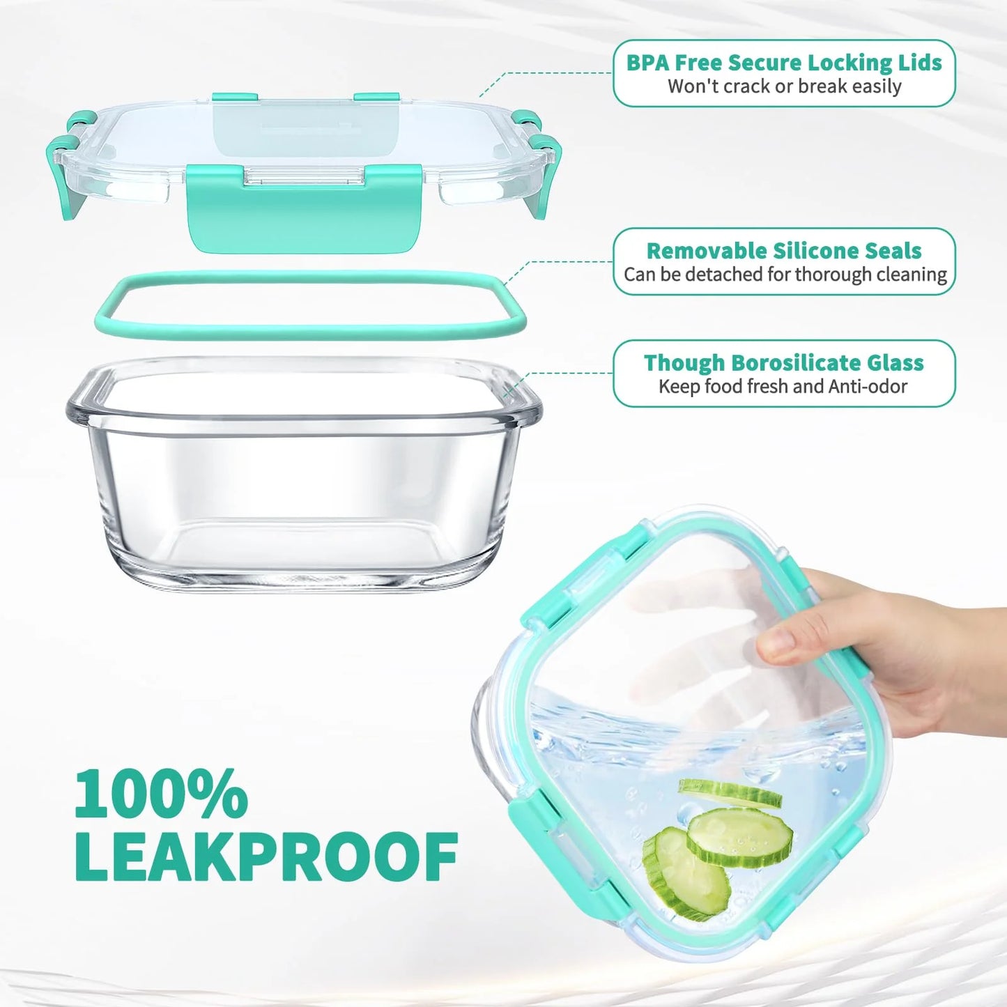 34pcs Glass Food Storage Containers with Lids Set, Airtight Glass Meal Prep Containers (17 Containers & 17 Lids),Leak Proof Lunch Containers BPA-Free, Microwave, Oven, Freezer, Dishwasher,Green