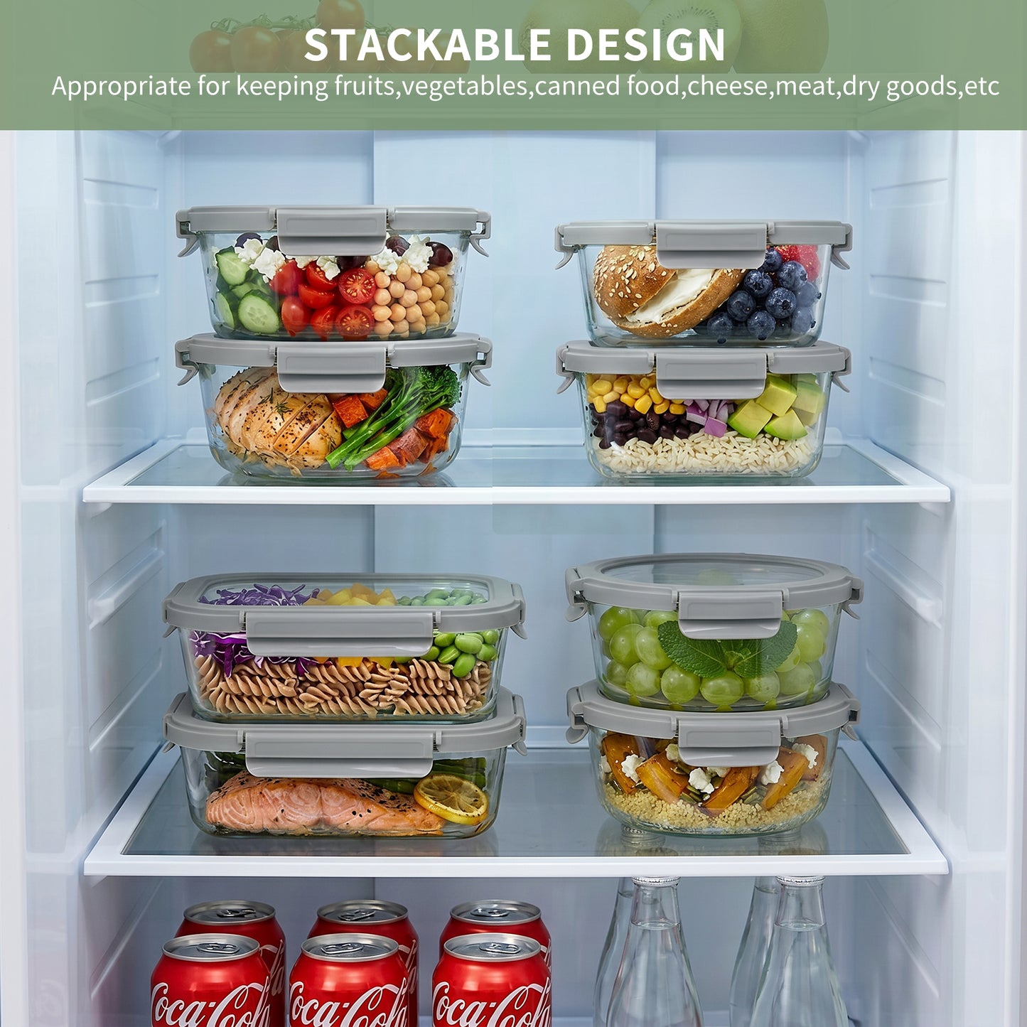 36pcs Glass Food Storage Containers with Lids Set, Airtight Meal Prep Containers (18 Containers & 18 Lids), Grey
