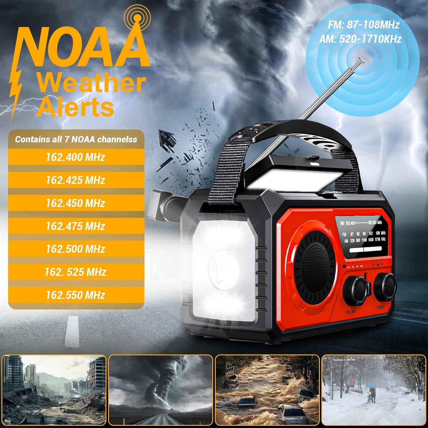16000mAh Emergency Weather Radio, DOMNIU AM/FM/NOAA Weather Alert Radio, Hand Crank/Solar/Type-C Rechargeable Outdoor Solar Radio with Reading Lamp SOS Alarm 3 Mode Flashlight Power Bank(Red)