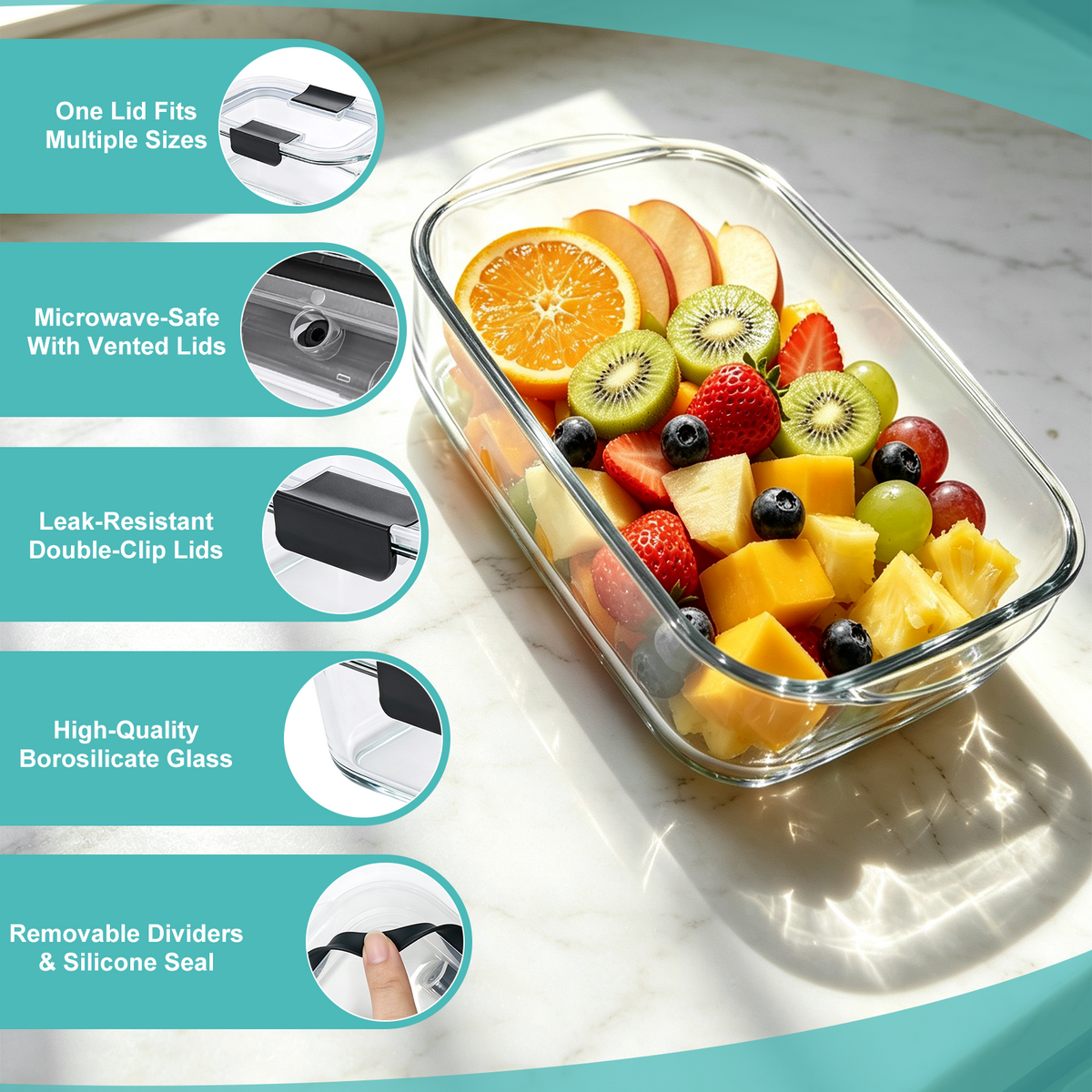 30 Pcs Glass Food Storage Containers with Lids, Glass Meal Prep Container Sets with Snap Airtight Lids, Meal Prep Containers with Sauce Cups, Microwave, Oven, Freezer & Dishwasher Safe, Leak-Proof
