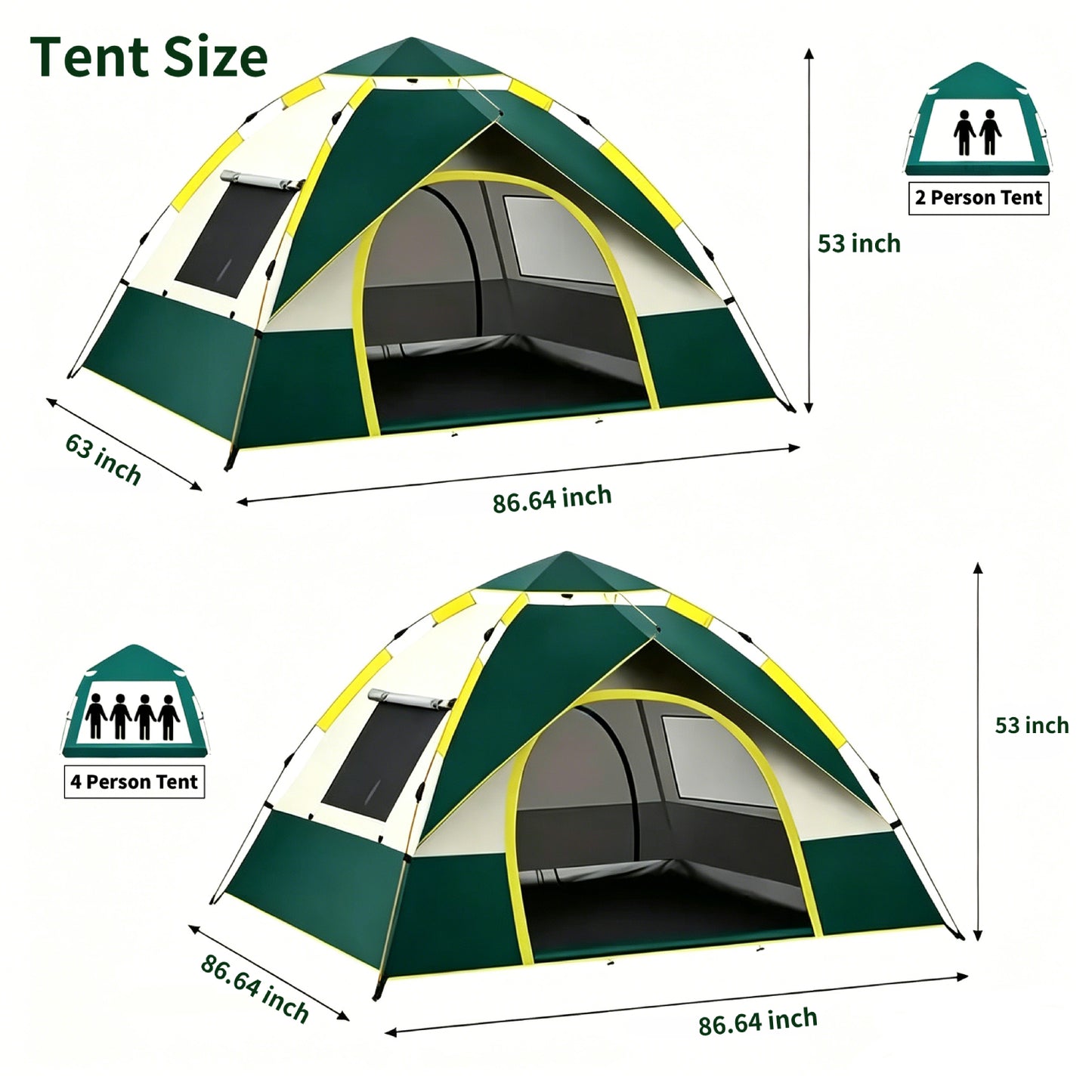 Mibote 2-Person Camping Tent, Auto Setup Pop Up Tent, Waterproof, Huge Door & Windows for Camping, Hiking, Travel