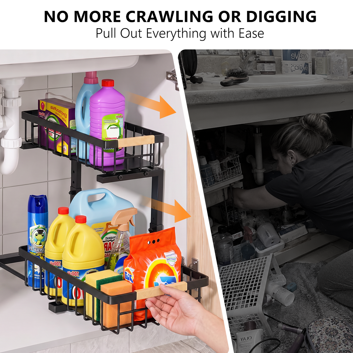 TAIMASI 2 Pack Under Sink Organizers and Storage, 2-Tier Pull Out Cabinet Organizer with Sliding Drawer, Adjustable Height Metal Bathroom Sink Organizer for Kitchen Pantry Closet, Black