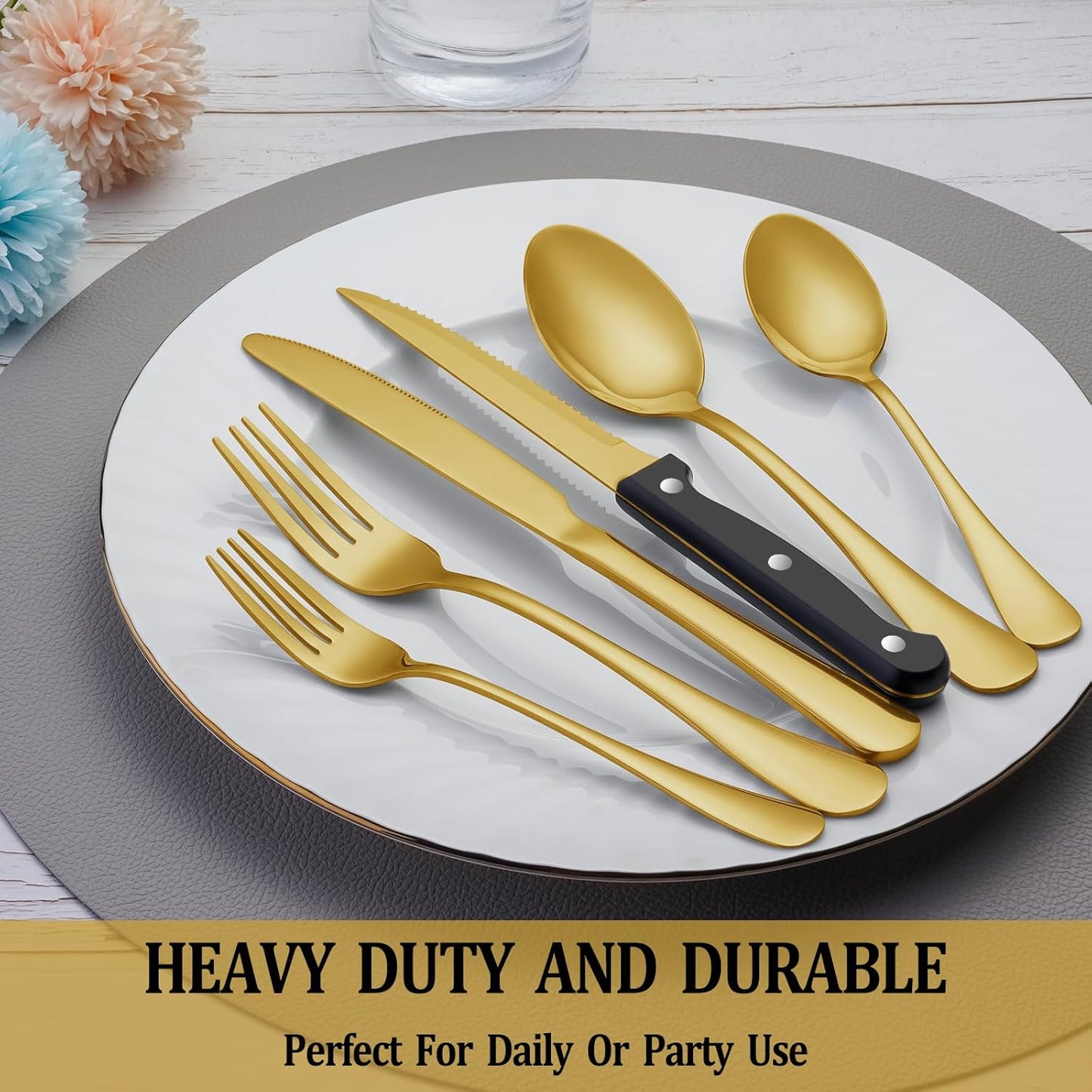 24 Pcs Gold Silverware Set with Steak Knives, Stainless Steel Flatware Cutlery Set Service for 4, Kitchen Tableware Set, Utensil Set for Home and Restaurant, Knives Forks Spoon Set, Dishwasher Safe