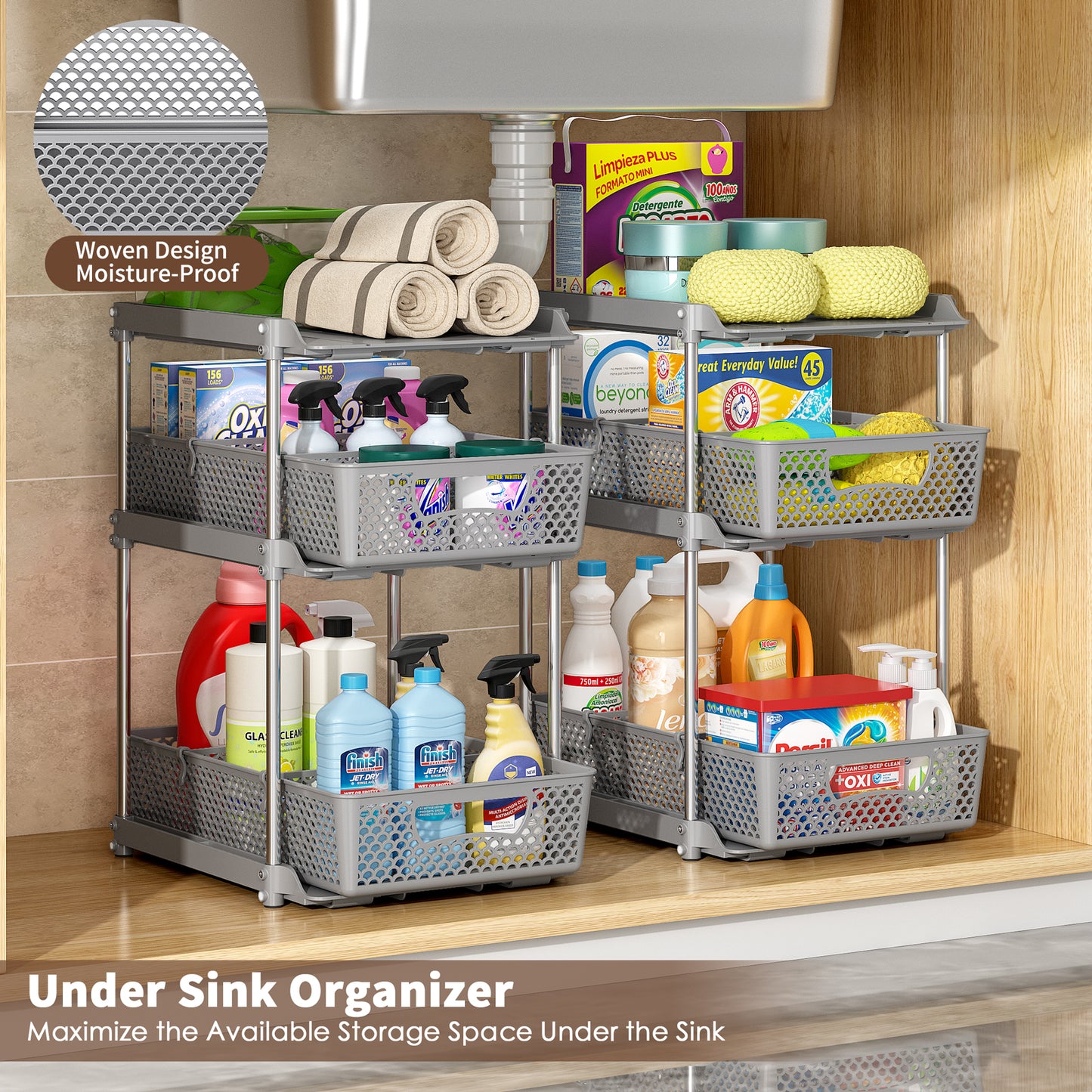 TAIMASI Pull-Out 3 Tier Bathroom Organizers and Storage, Under Sink Organizer, Kitchen Cabinet Organizer Gray, 3 (Count)
