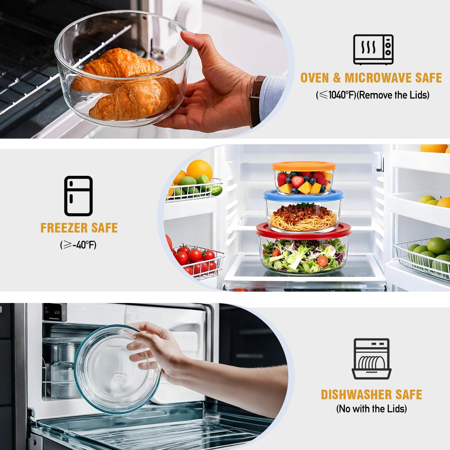 TAIMASI 6 Pcs Glass Food Storage Containers Set, 7, 4, 2 -Cup Round Containers with Lids, BPA-Free, Dishwasher & Microwave Safe Lunch Box