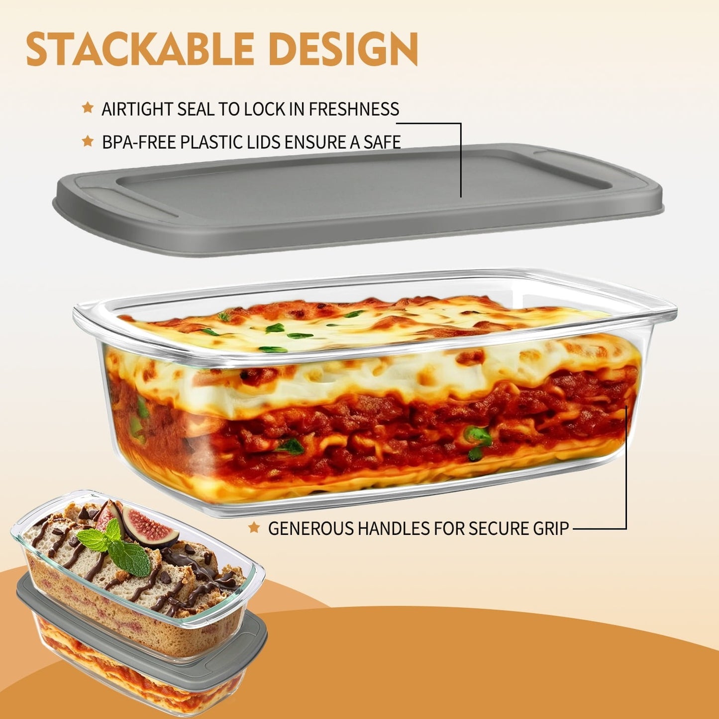 3 Pack Glass Loaf Pan Set with Lids - 1.9 Qt/1800 ML Stackable Glass Bread Baking Dishes, Airtight Meal Prep Food Storage Containers, Oven & Microwave Safe, Dishwasher Safe, Grey
