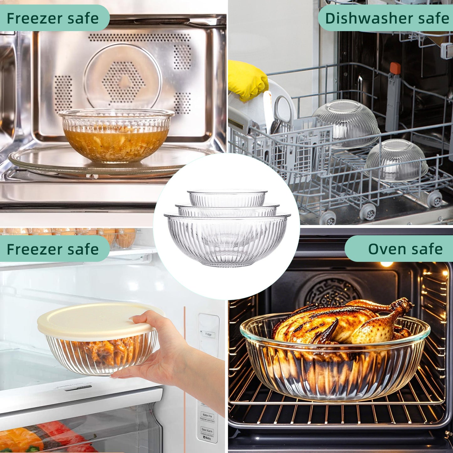 3-Pack Glass Mixing Bowls (1.2 QT, 2.3 QT, 3.6 QT) with Glass Mixing Bowls Set, AOKIWO 8 Pack 3 Size Glass Nesting Mixing Bowl with BPA-Free Lids & Baking Tools, Kitchen Storage Bowls for Prep, Baking, Serving