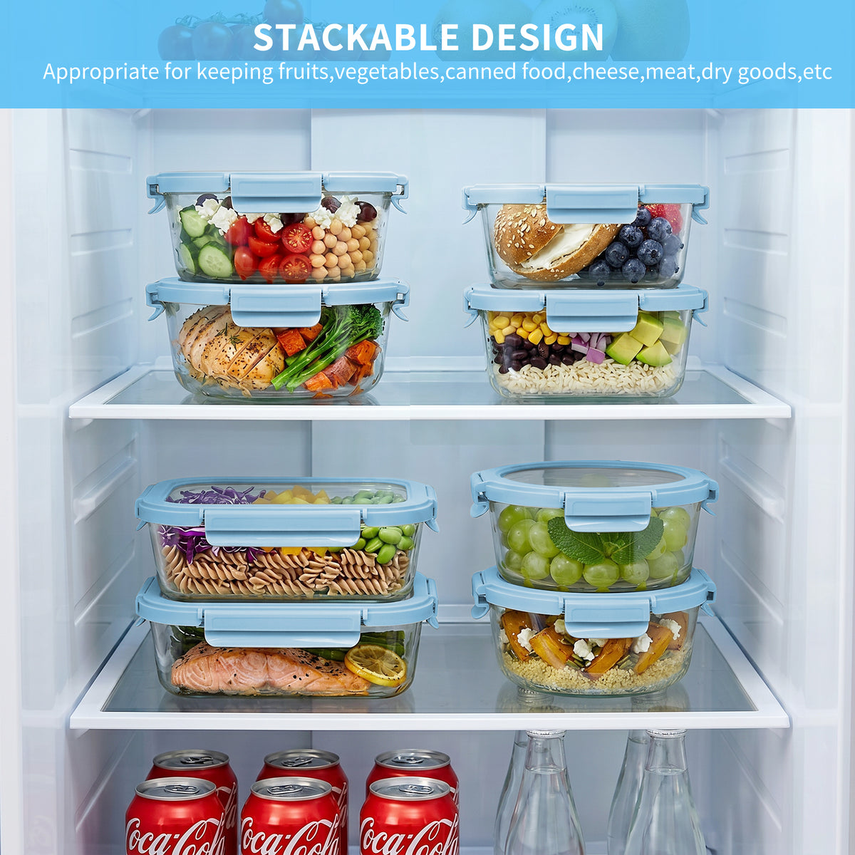 36 Pcs Glass Food Storage Containers with Tempered Lids Set, Borosilicate Oven-Safe(-4°F~950°F), Airtight Meal Prep Lunch Box Containers (18 Containers & 18 Lids), Milk blue