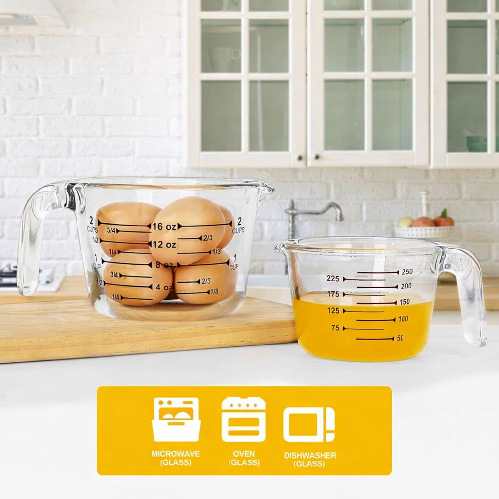 TAIMASI 9 Pcs Glass Measuring Cups Set with Lids, 4-Cup, 2-Cup, 1-Cup, 5 oz Liquid Measuring Cups & 5 Measuring Spoons | Microwave, Freezer & Dishwasher Safe，Yellow