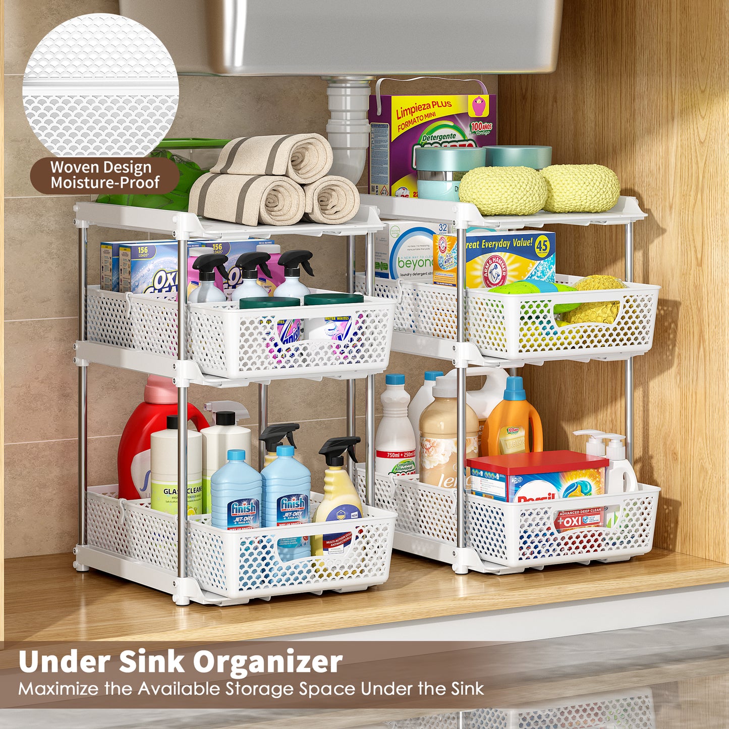 TAIMASI Pull-Out 3 Tier Bathroom Organizers and Storage, Under Sink Organizer, Kitchen Cabinet Organizer White, 1 (Count)