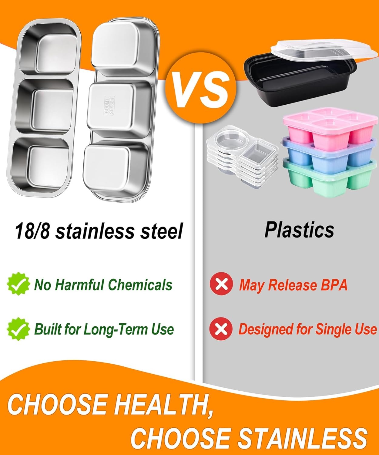 3 Pack Stainless Steel Snack Containers, 3 Compartment Metal Bento Lunch Box with 10 Mini Fruit Forks, Leak-Proof Stackable Meal Prep Containers for Kids & Adults