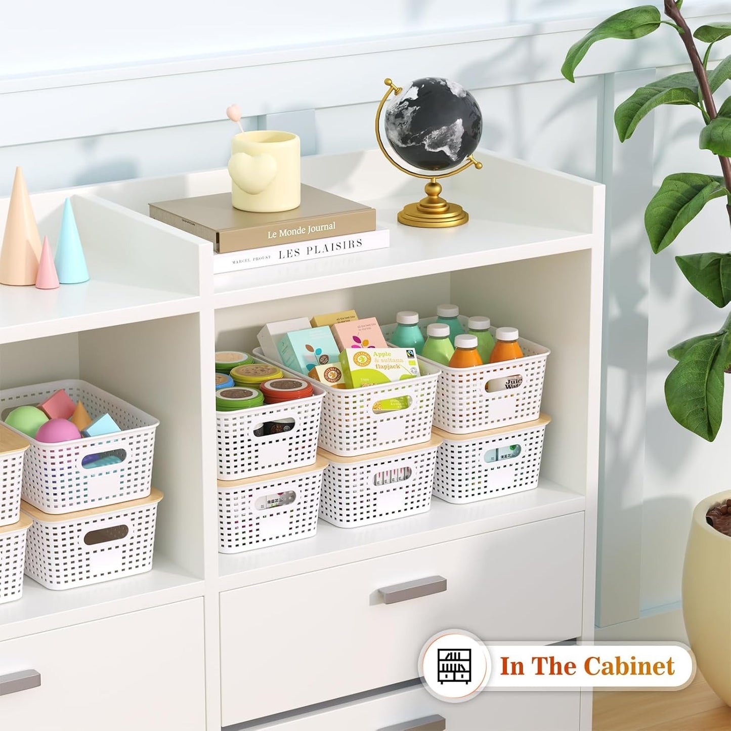 6 Pack Stackable Plastic Storage Baskets with Bamboo Lids, Storage Containers for Organizing Shelves, Drawers, Desktop, Closet, Office & Classroom, Includes Labels & Pen
