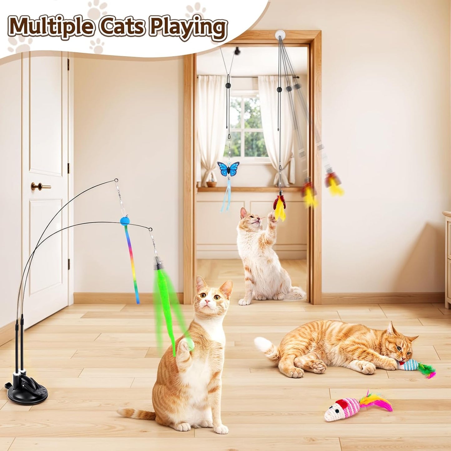 Cat Toys, 14Pcs 4 in 1 Indoor Adult Cat Interactive Toys, Hanging Door Kitten Wand with Suction Cup Removable Feathers Balls Mice Butterfly Streamers