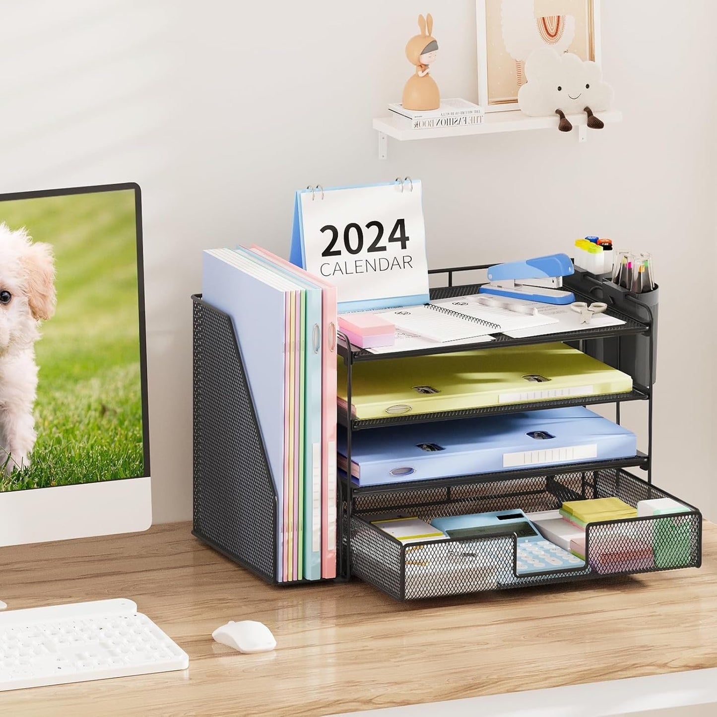 Desk Organizer and Accessories, 4-Tier Desktop File Organizer with Drawer and 2 Pen Holders, Office Desk Accessories & Workspace Organizers (Black)