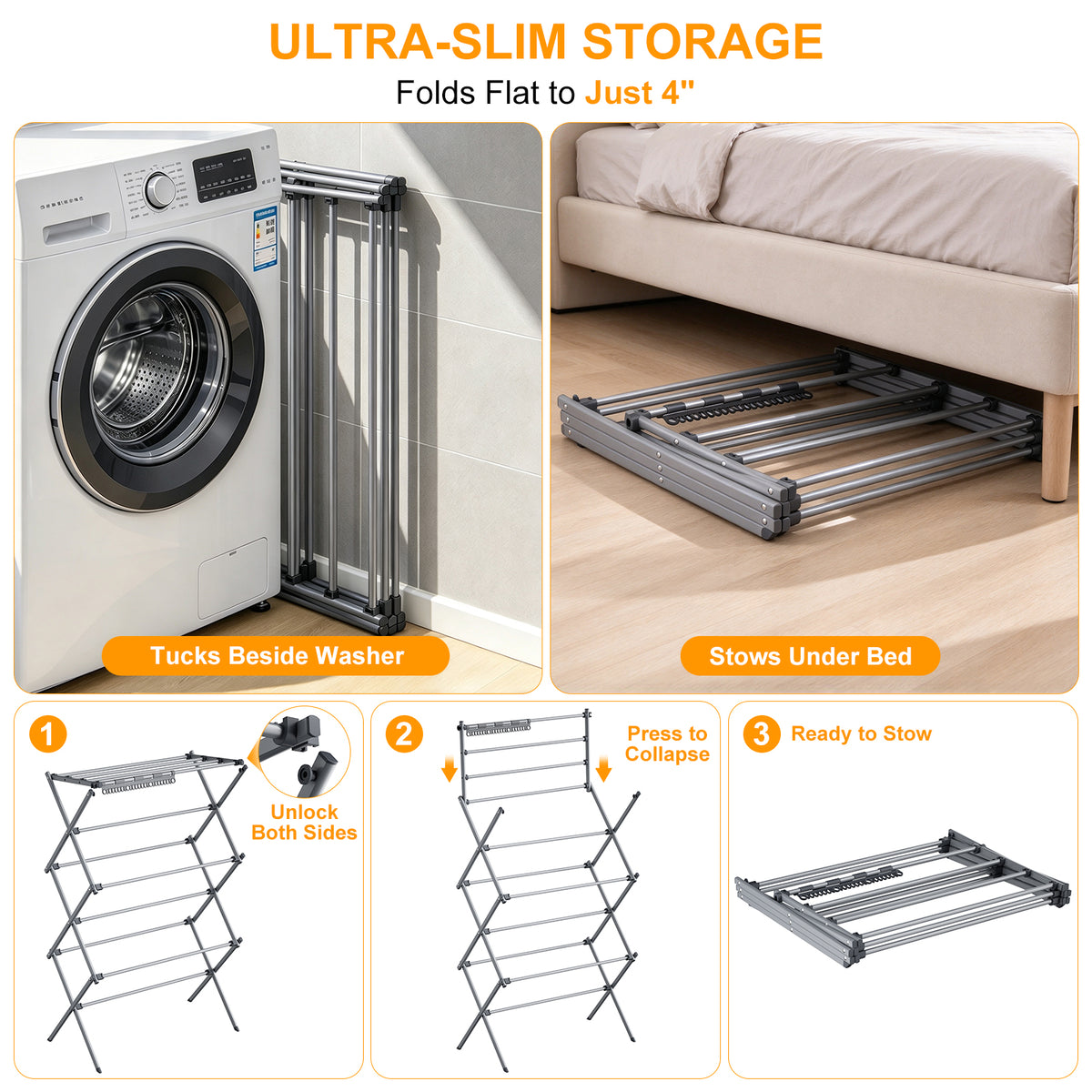 3-Tier Foldable Clothes Drying Rack, Portable Metal Drying Rack Clothing, Collapsible Laundry Drying Rack, Antirust Clothing Rack for Indoor Outdoor Air Drying, 13.4" D x 28.7" W x 45.7" H, Gray