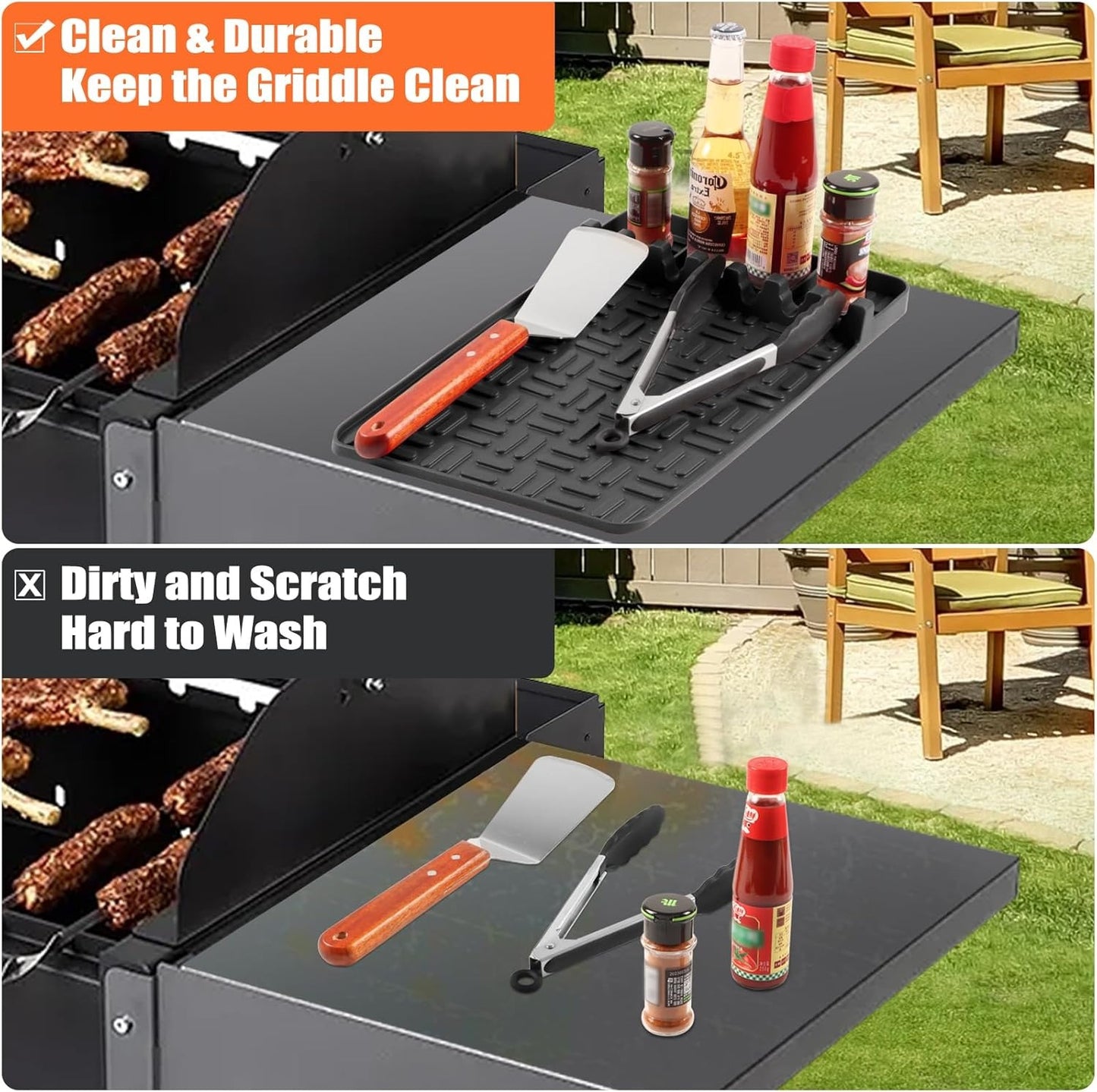 Mibote Silicone Grill Mat Compatible with Blackstone, Silicone Griddle Tools Spatula Mat with Drip Pad, (Black)