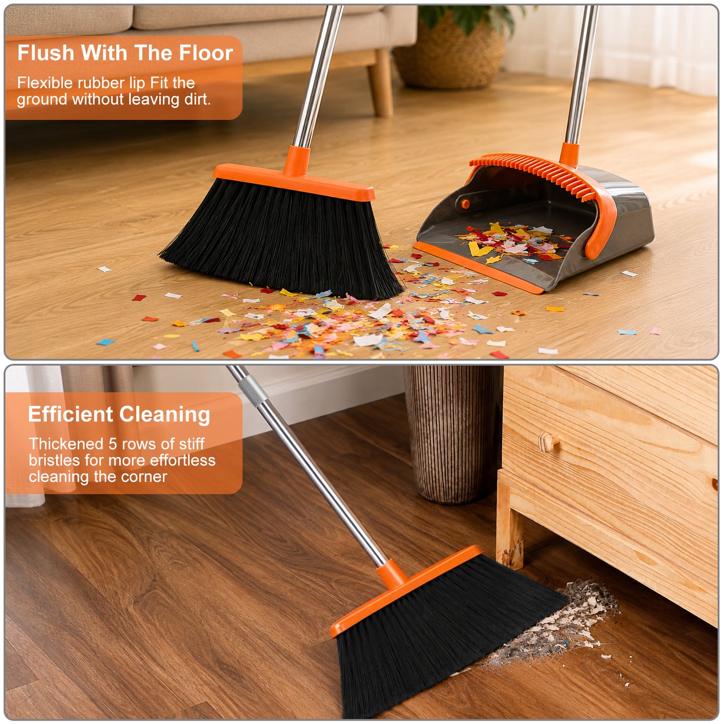 Upgrade Broom and Dustpan Set, TAIMASI Broom with Dustpan Combo with 52" Long Adjustable Handle, Ideal for Indoor Outdoor Garage Kitchen Room Office Lobby (Gray&Orange)
