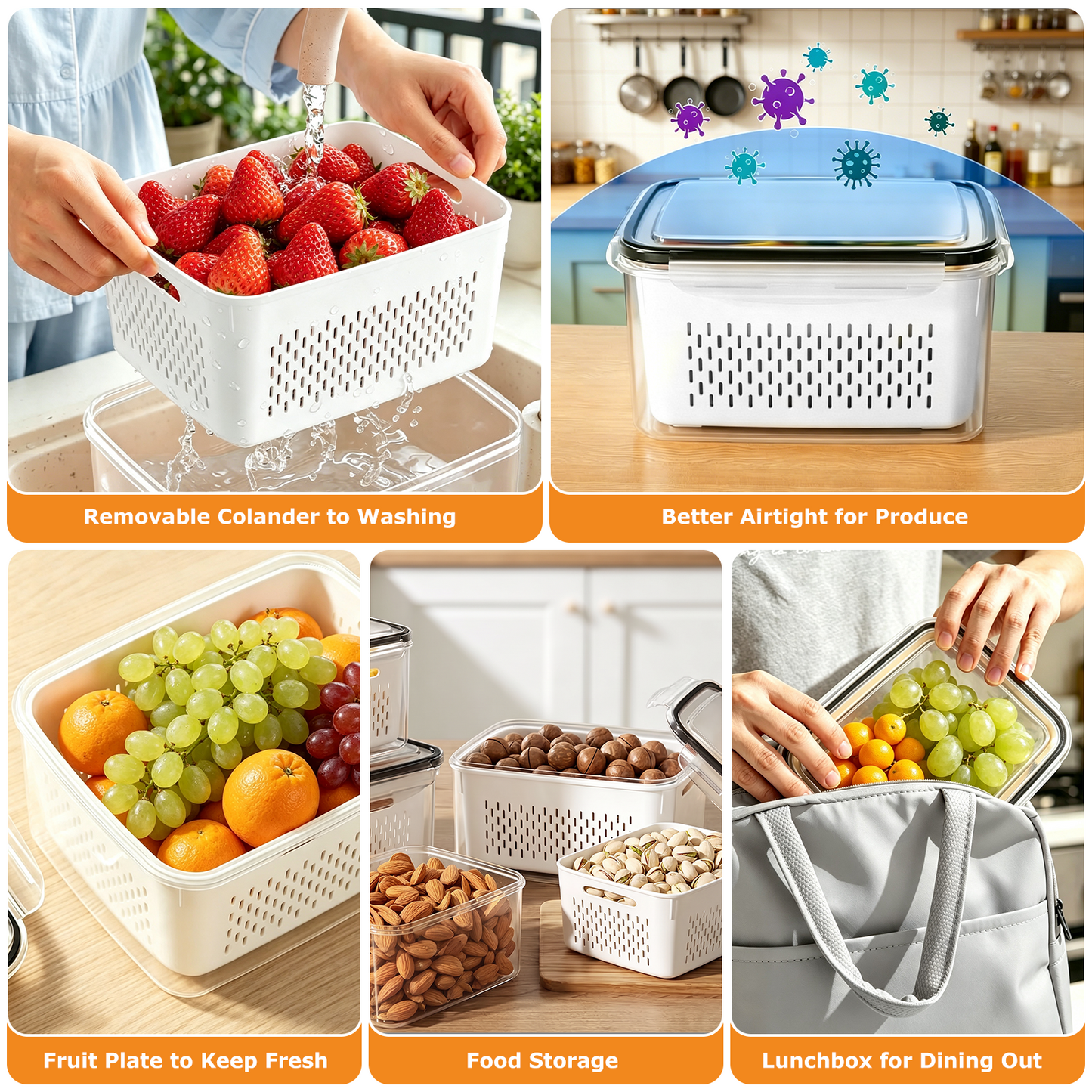 4 Pack Fruit Storage Containers for Fridge with Removable Colanders and Lids, 4 in 1 Leakproof Fridge Organizer Bins for Salad Berry Lettuce Vegetables Meat Keeper Fresh