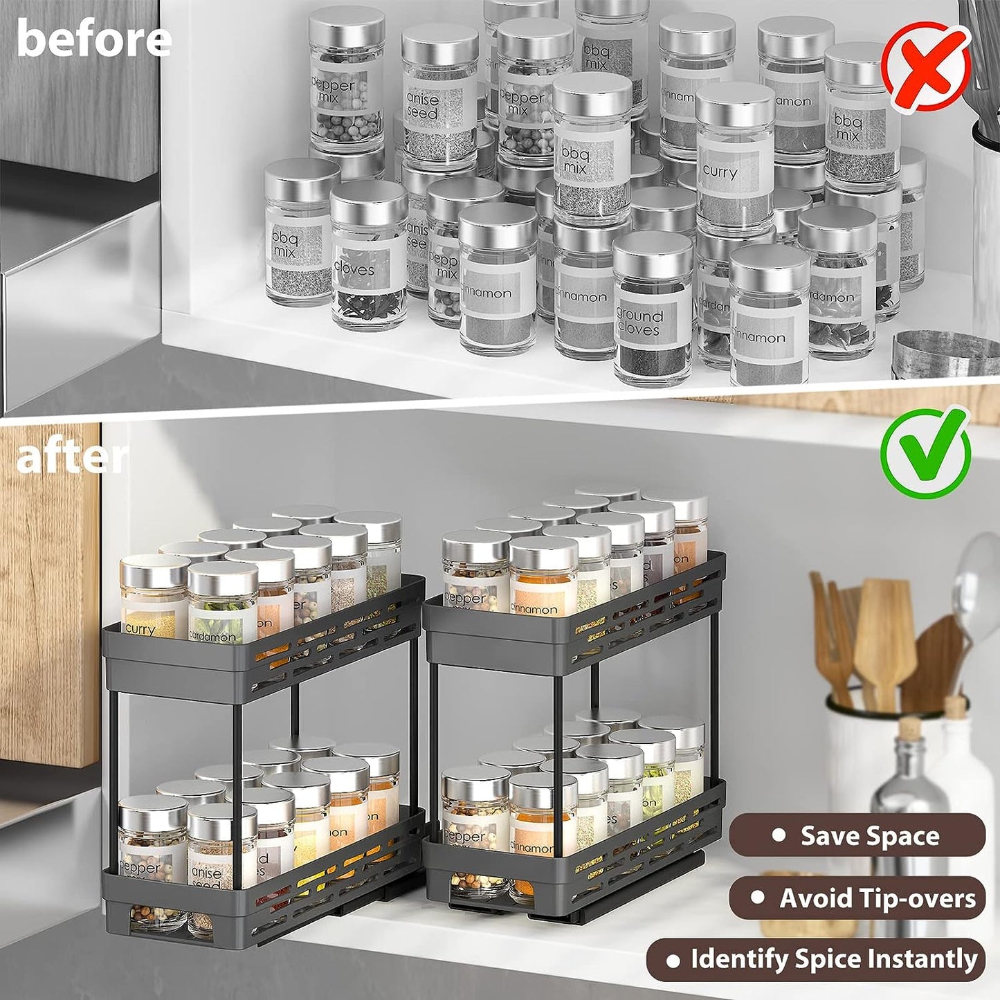 AOKIWO Pull-Out Slide-Out Spice Rack Organizer for Cabinets, Kitchen Spice Shelf (2-Pack)