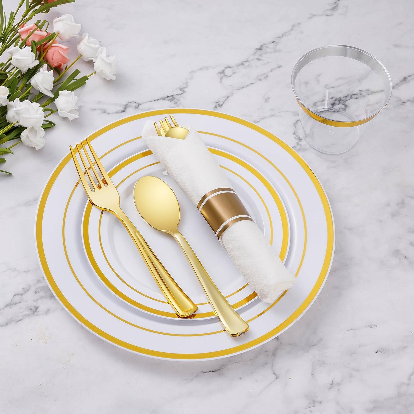 350 Piece Gold Dinnerware Set for 50 Guests, Plastic Plates Disposable for Party, Include: 50 Gold Rim Dinner Plates, 50 Dessert Plates, 50 Paper Napkins, 50 Cups, 50 Gold Silverware Set