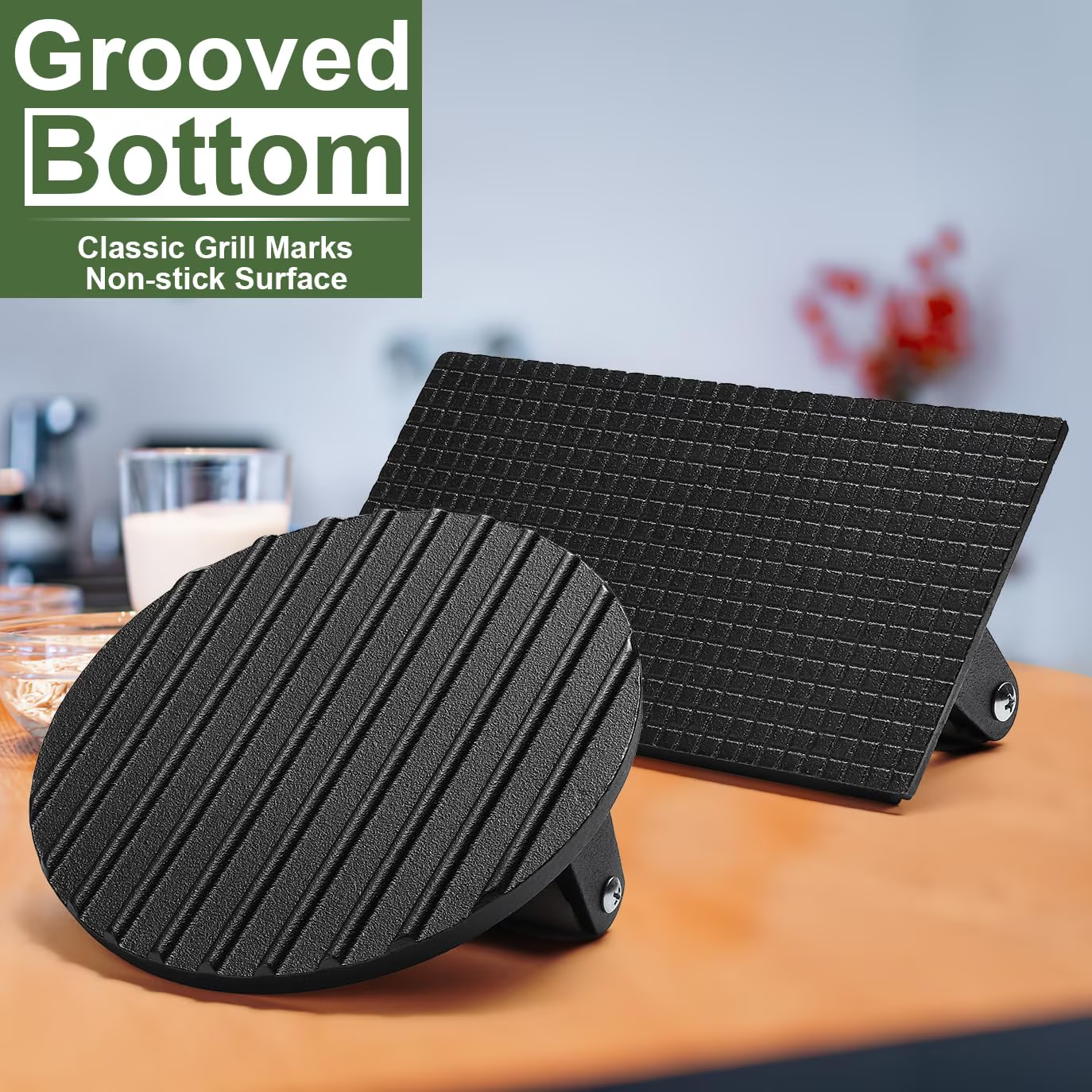 Mibote Burger Press, 2 Pcs Heavy-Duty Cast Iron Smash Bacon Press with Wood Handle for Griddle, Sandwich, Nonstick Pan